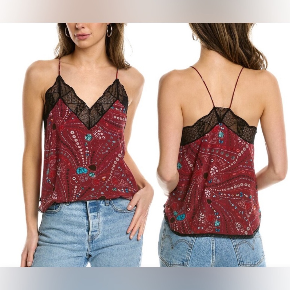 Zadig & Voltaire Red Paisley Lace-Trim Silk Tank